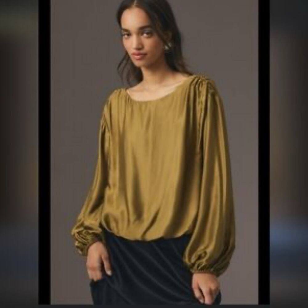 Anthropologie Women Olive Green Balloon Sleeve Blouse Size M